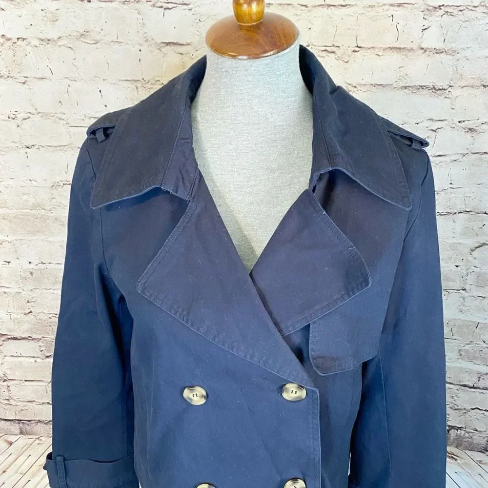Bagatelle Womens Trench Coat Cropped Stretch Belted Cuff Stretch Blue Medium